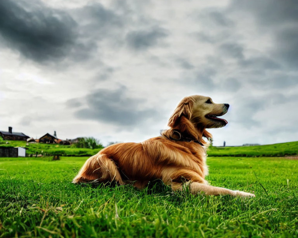 Golden Retriever on Grass under Dramatic Sky with Countryside Background