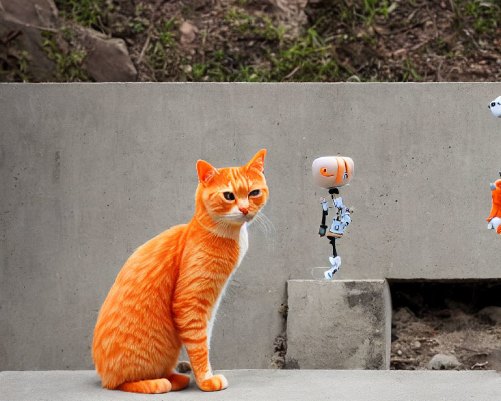 Orange Tabby Cat with White Robot and Orange Creature in Background