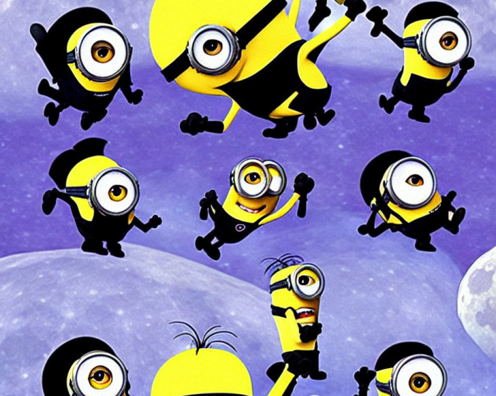 Yellow Minions in Various Poses on Purple Moon Background