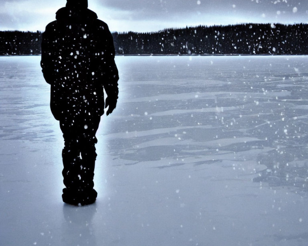 Figure standing on frozen lake in snowy landscape