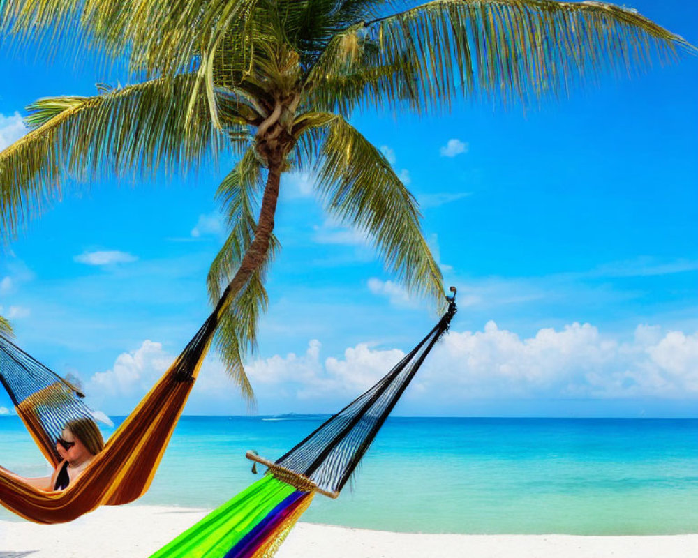 Person relaxing in colorful hammock on white sand beach with palm tree and turquoise sea