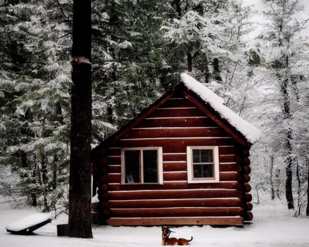 Snow-covered log cabin in pine forest with dog in winter