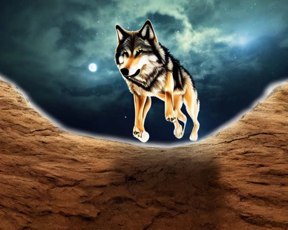 Wolf in surreal cosmic landscape with eye-shaped boundary