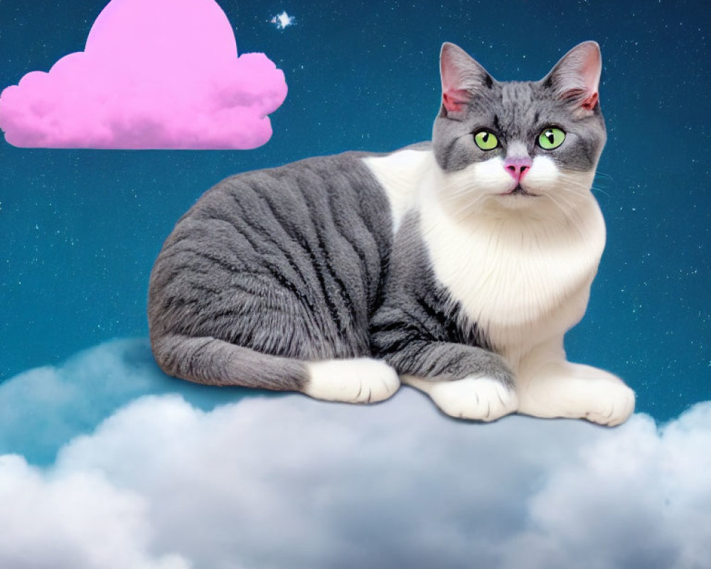 Grey and White Cat with Green Eyes on Cloud in Starry Sky with Pink Cloud