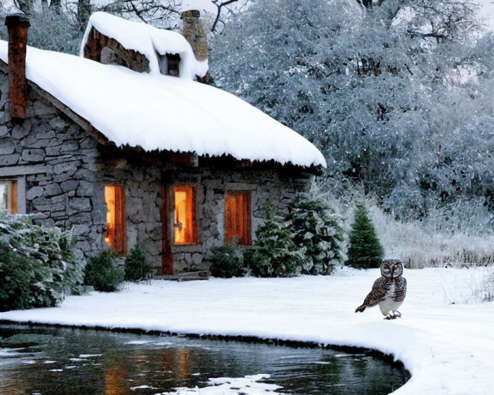 Snowy Stone Cottage with Pond and Owl in Cozy Scene