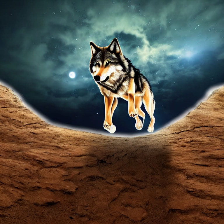 Wolf in surreal cosmic landscape with eye-shaped boundary