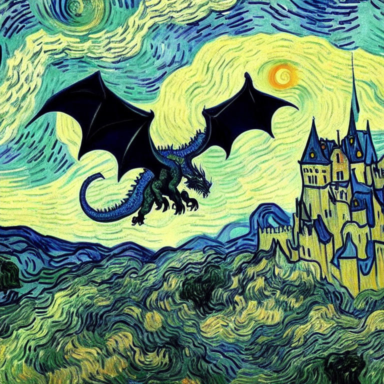 Dragon flying over Van Gogh-inspired landscape with swirling sky and castle