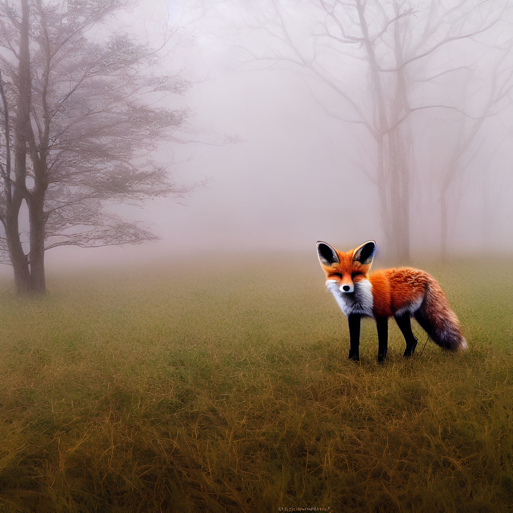 Red fox in misty field with bare trees shrouded in fog