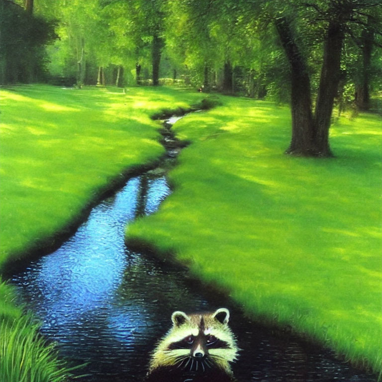 Colorful Stream Painting with Raccoon in Woodland