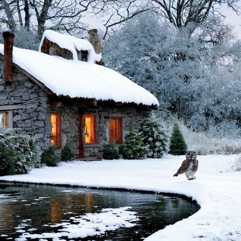 Snowy Stone Cottage with Pond and Owl in Cozy Scene