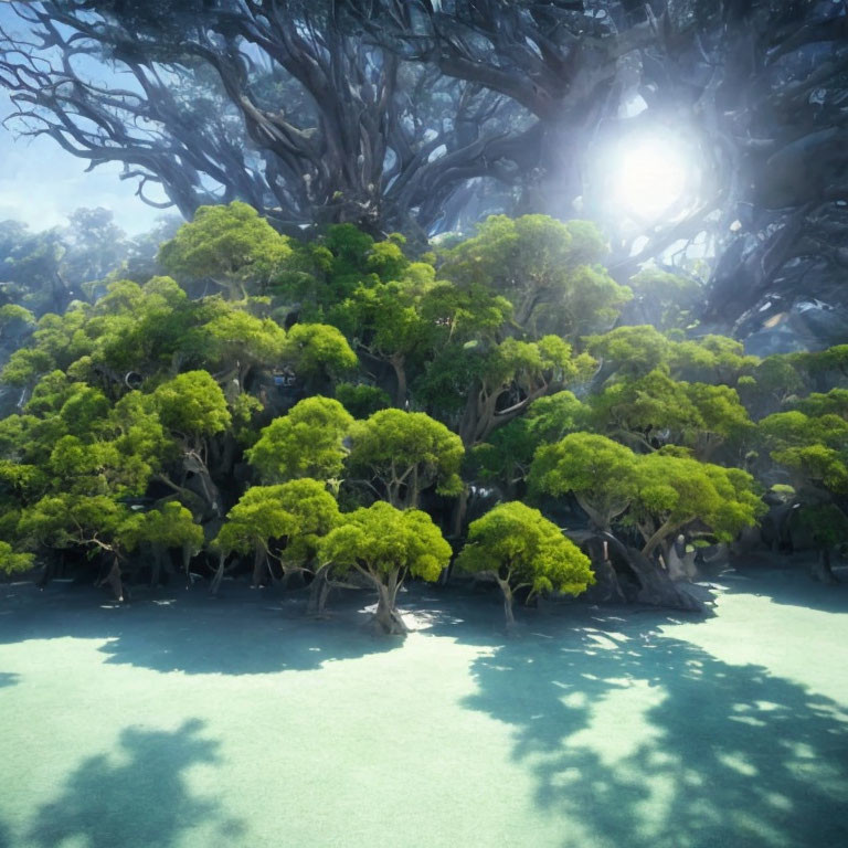 Lush forest scene with ancient tree and green canopies