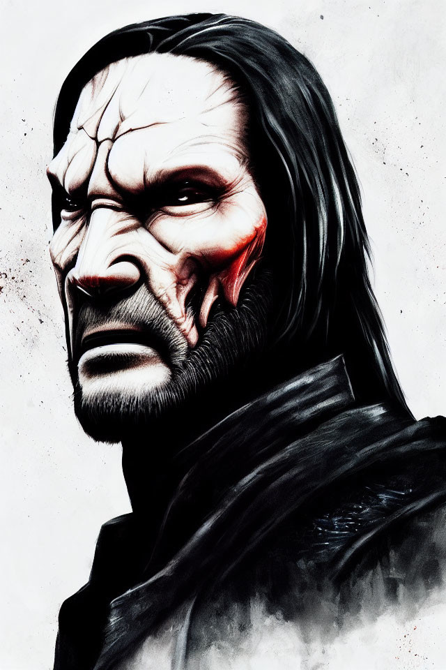 Illustration of stern man with long dark hair, scarred and cracked face, in black outfit