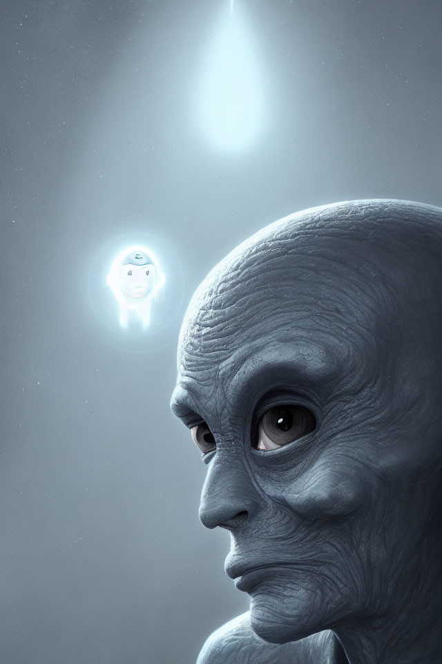 Grey alien with large black eyes and ghost-like figure under starry sky