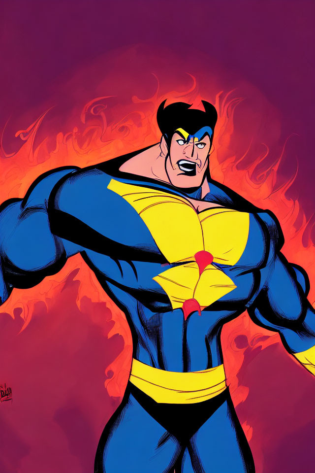 Muscular superhero in blue and yellow suit on fiery red backdrop