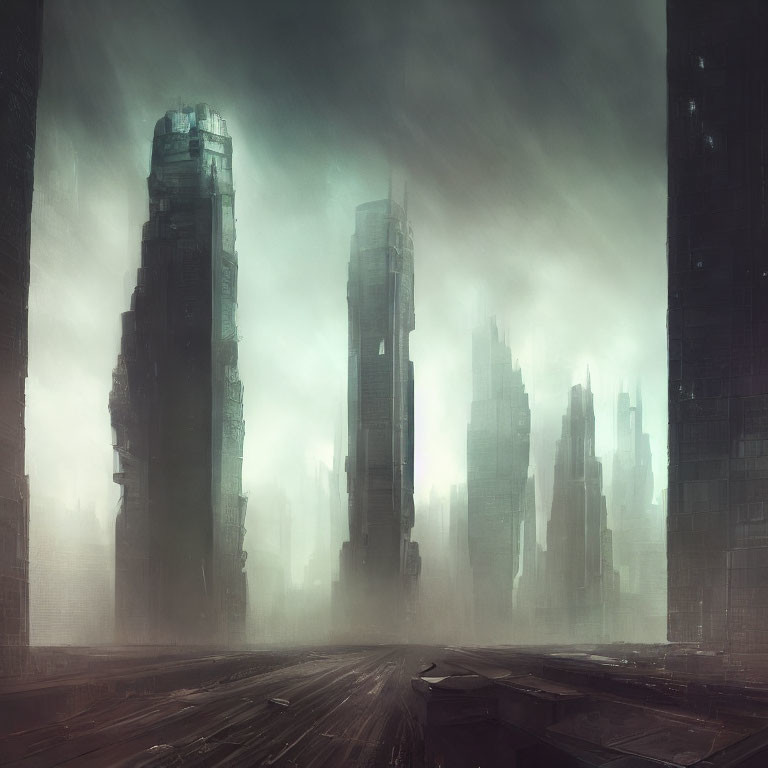 Dystopian cityscape with dilapidated skyscrapers in mist