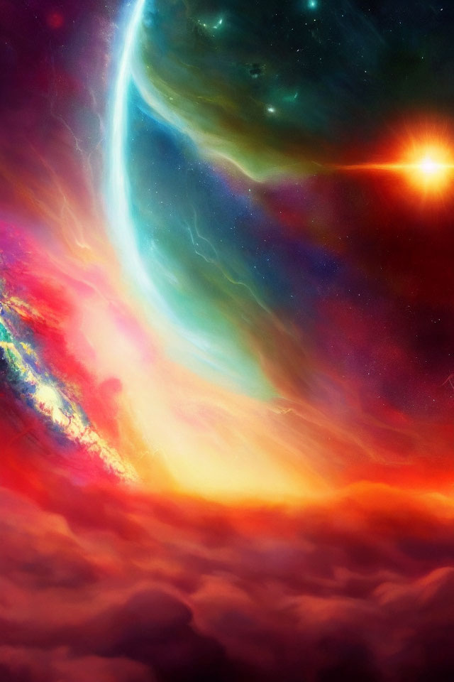 Colorful cosmic scene with star, nebulae, and planet in space