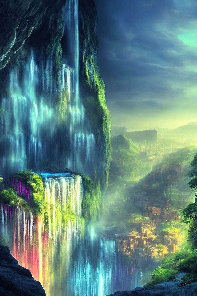 Majestic waterfall over mossy cliffs with mystical city backdrop