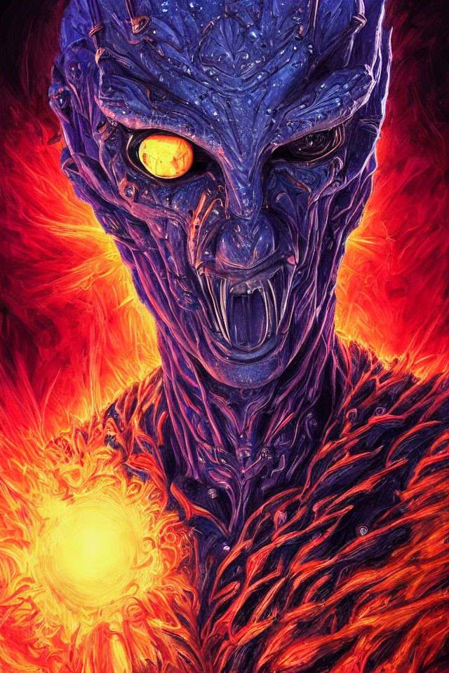 Detailed blue-skinned alien with glowing orange eyes holding energy orb