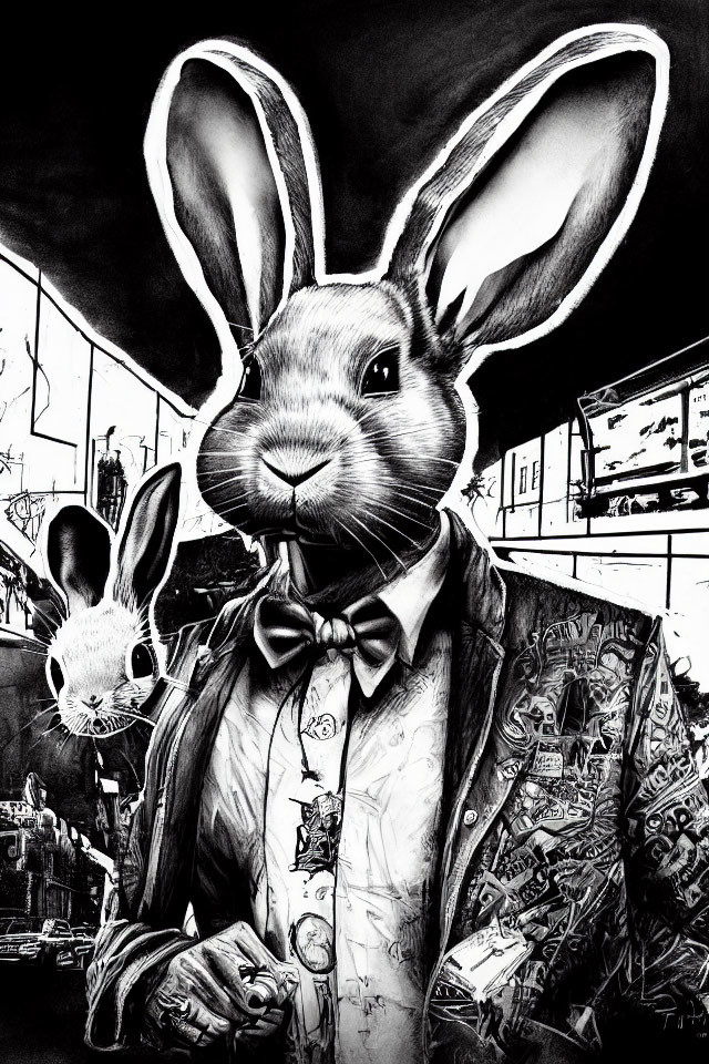 Monochrome rabbit art in suit and punk patches against graffiti backdrop