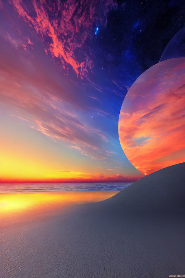 Vibrant sunset beach scene with surreal planet and starlit sky