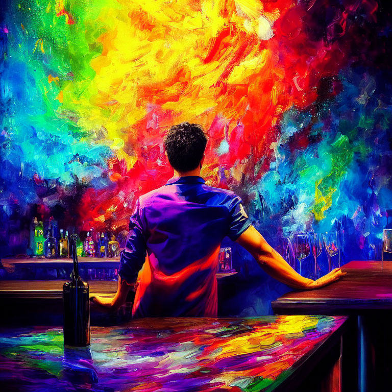 Person at bar with colorful abstract art and bottles on counter