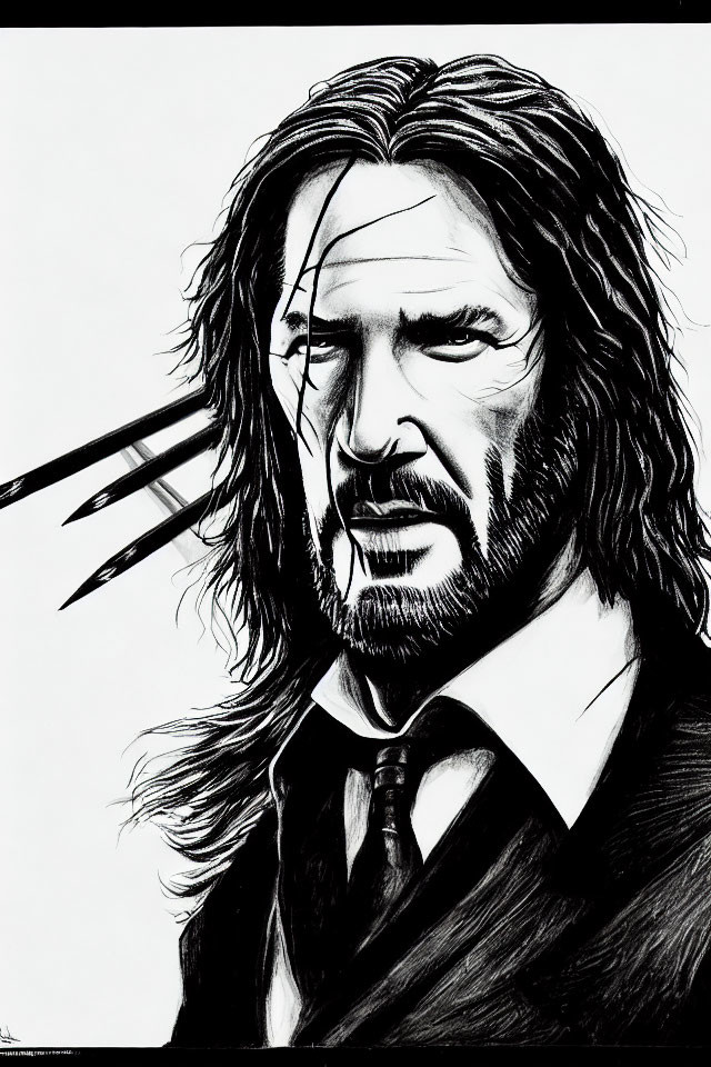 Monochrome illustration of man in suit with long hair and claw marks