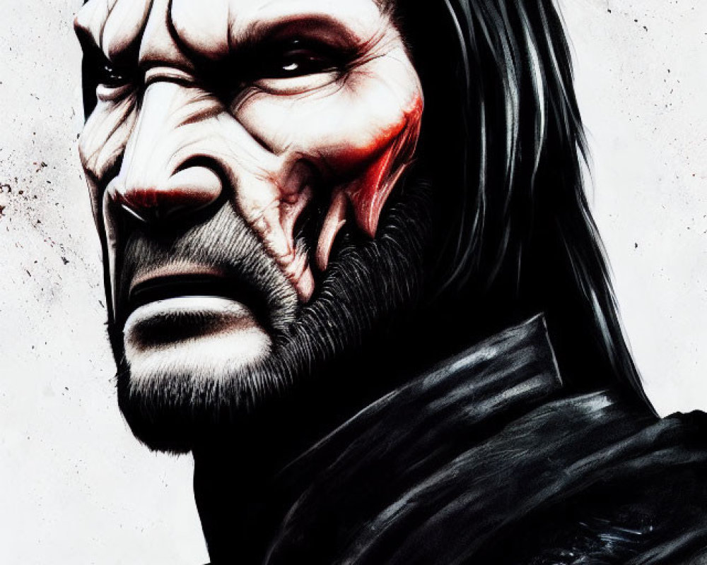 Illustration of stern man with long dark hair, scarred and cracked face, in black outfit