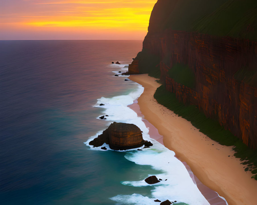 Serene beach at sunset with steep cliffs and calm ocean