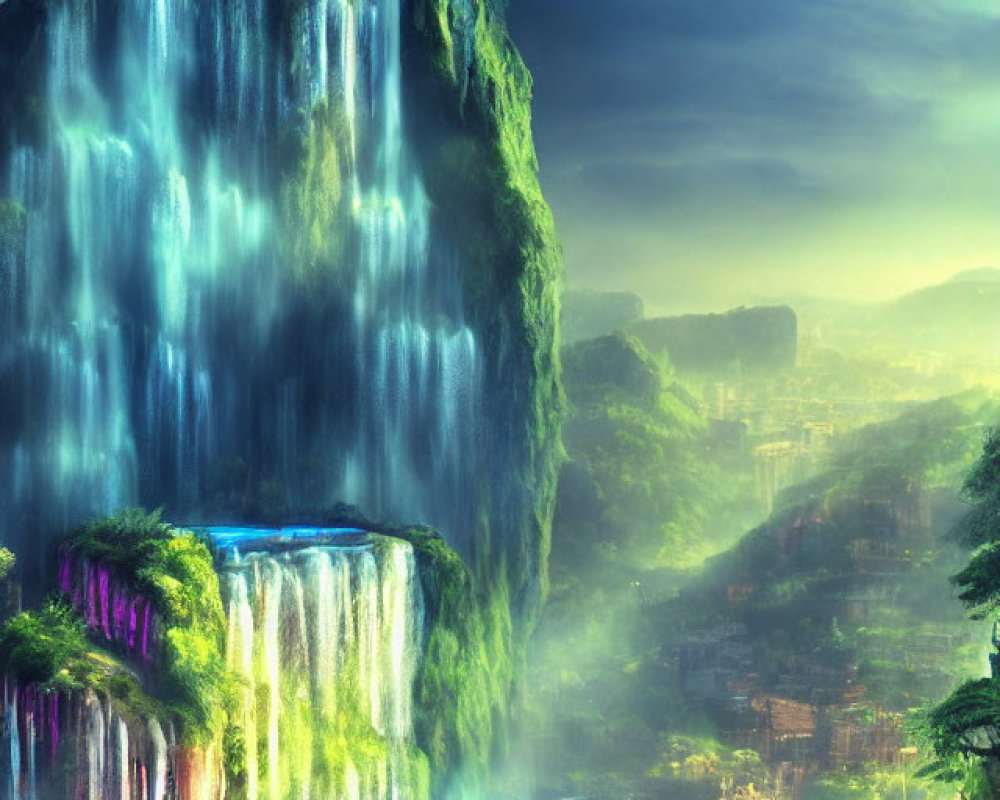 Majestic waterfall over mossy cliffs with mystical city backdrop