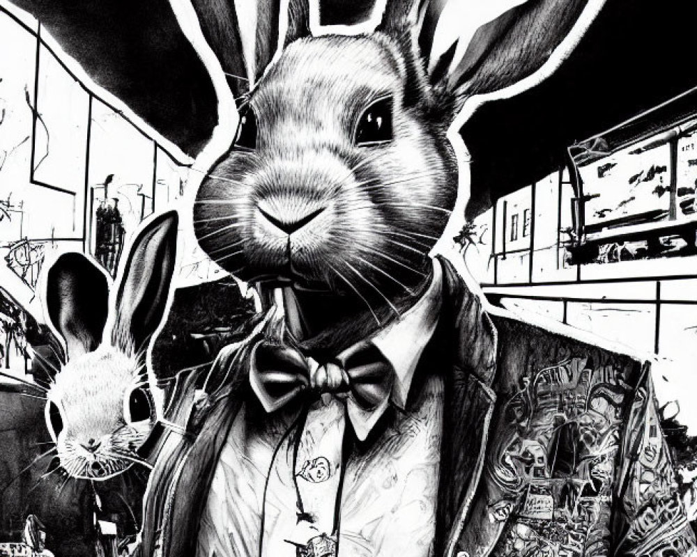 Monochrome rabbit art in suit and punk patches against graffiti backdrop