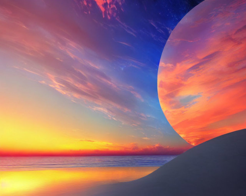 Vibrant sunset beach scene with surreal planet and starlit sky