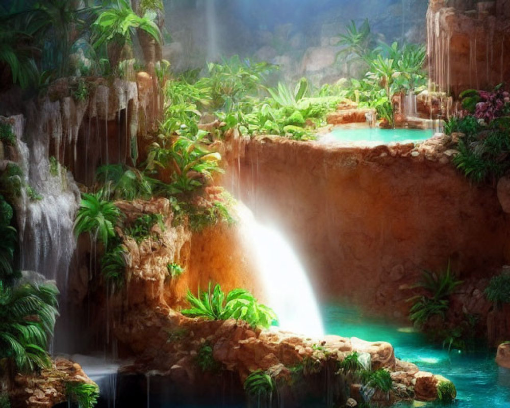 Tranquil Tropical Oasis with Waterfall, Palm Trees, and Blue Pool