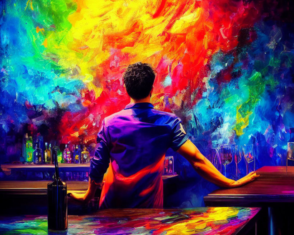 Person at bar with colorful abstract art and bottles on counter