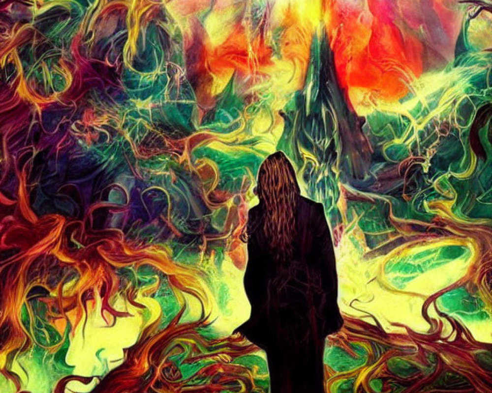 Long-haired person in vibrant, fiery landscape with swirling colorful shapes