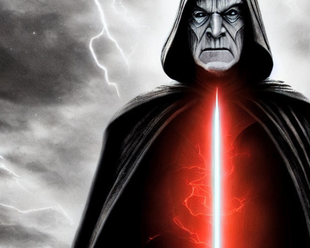 Mysterious cloaked figure wields red lightsaber in stormy scene