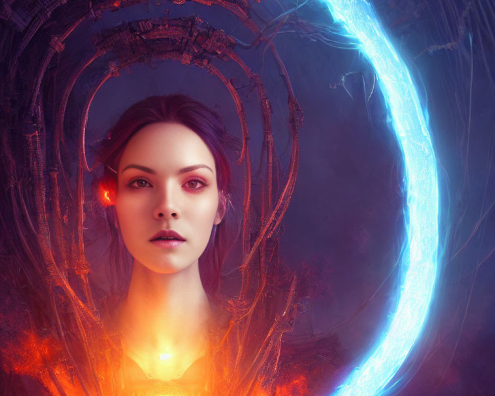 Portrait of a woman with glowing eyes and luminous amulet in surreal energy ring