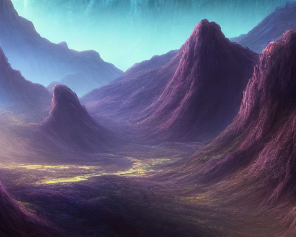 Fantasy landscape: Purple mountains, ethereal cave, warm valley