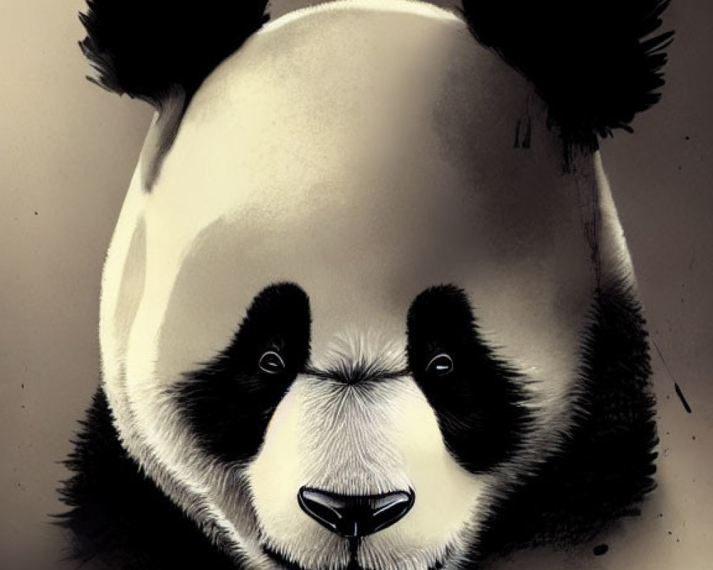 Detailed Giant Panda Face Illustration with Black-and-White Contrast on Sepia Background