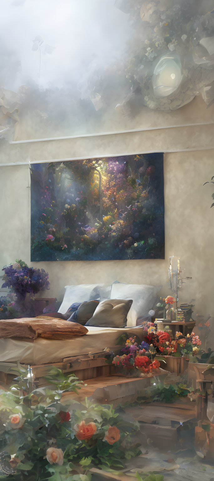 Nature-inspired bedroom with vibrant flowers and garden painting.