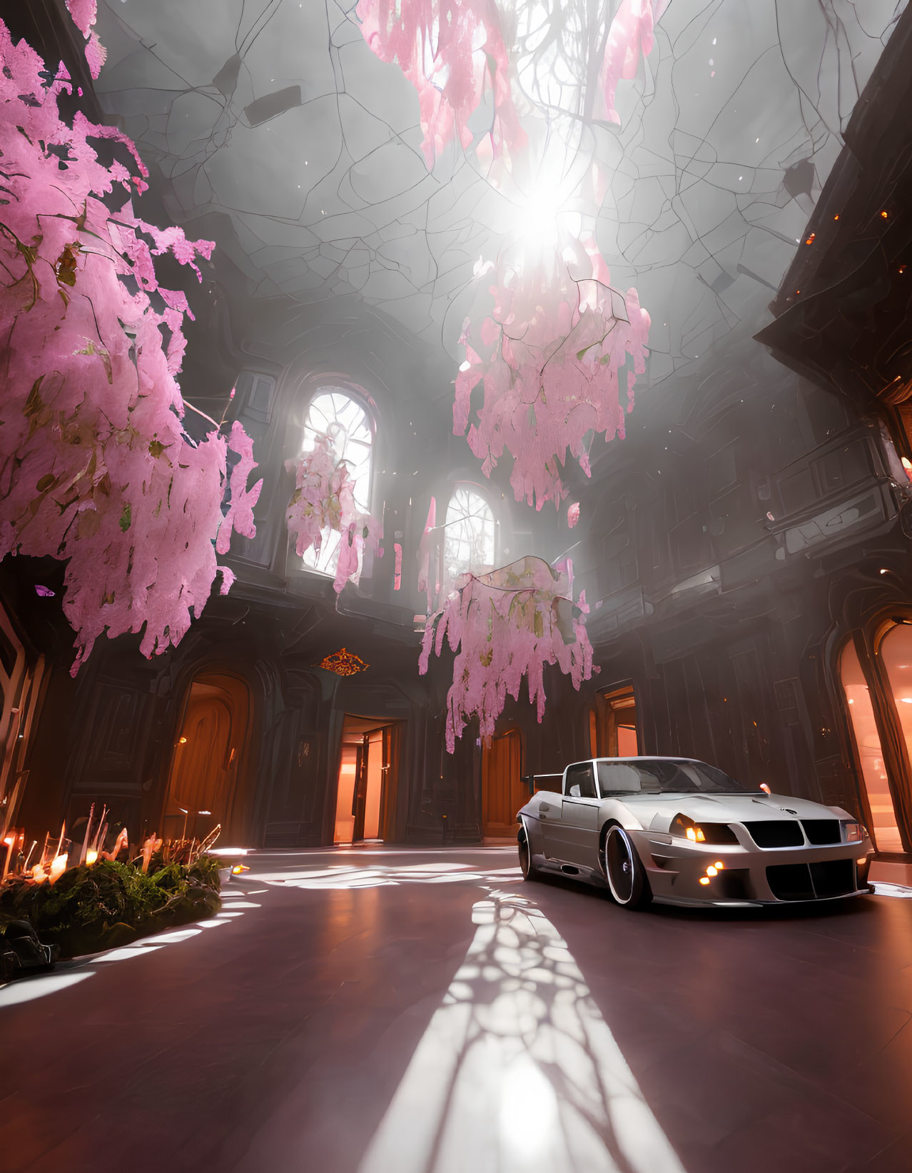 Luxury Car Parked in Ornate Hall with Sunlight and Pink Foliage