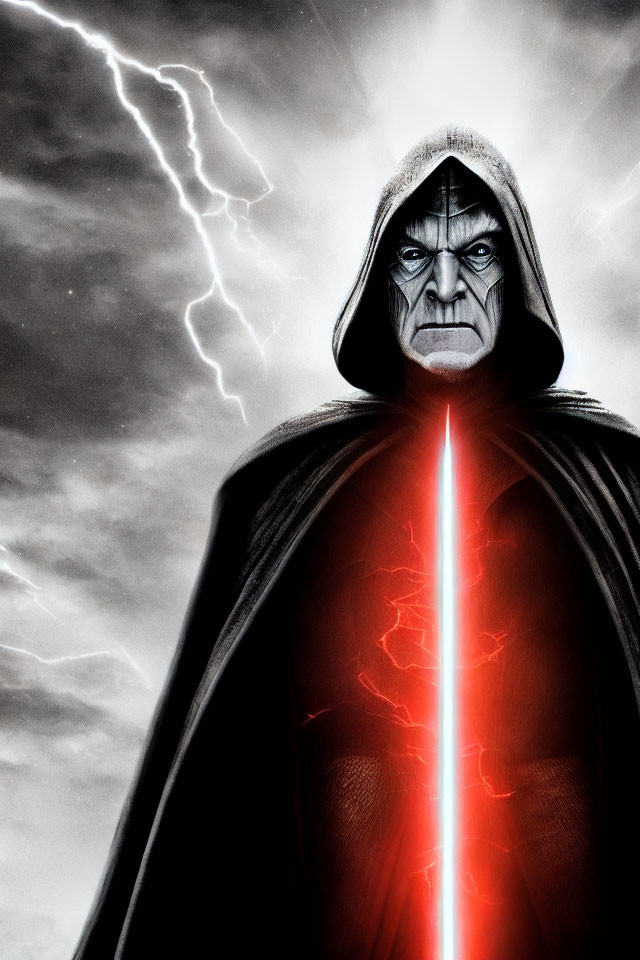 Mysterious cloaked figure wields red lightsaber in stormy scene