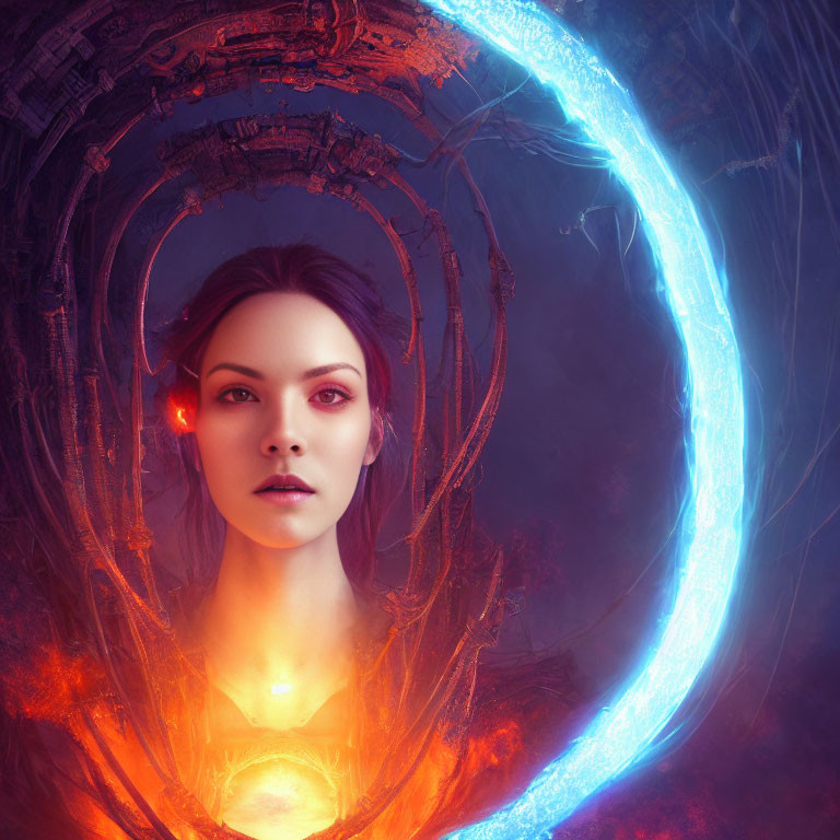 Portrait of a woman with glowing eyes and luminous amulet in surreal energy ring