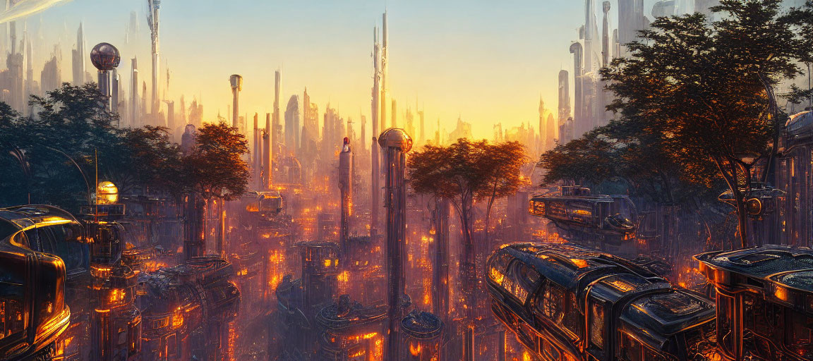 Golden-Lit Futuristic Cityscape with Skyscrapers and Flying Vehicles