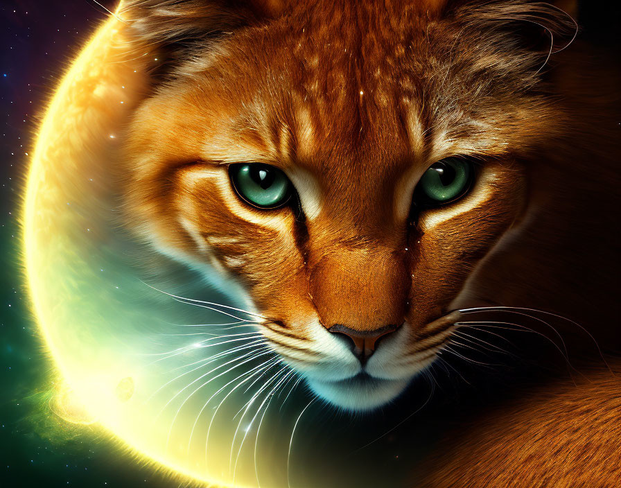 Lion's face on cosmic background with green eyes and fierce expression