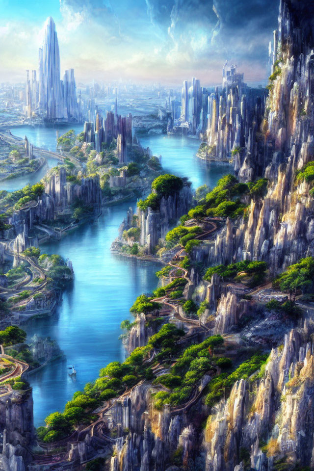 Futuristic cityscape with skyscrapers, green cliffs, river, and advanced infrastructure in sunny