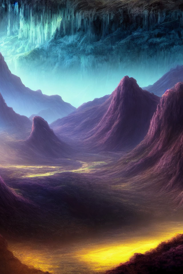 Fantasy landscape: Purple mountains, ethereal cave, warm valley