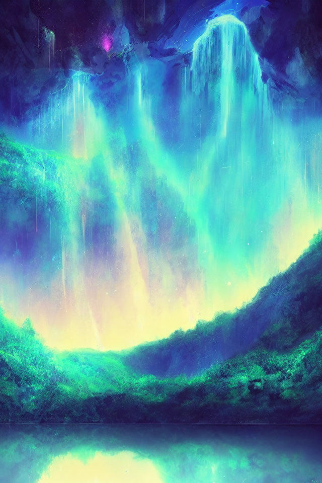 Ethereal waterfall in mystical landscape with radiant light