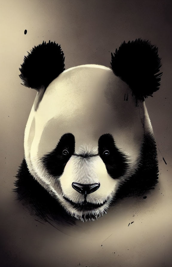 Detailed Giant Panda Face Illustration with Black-and-White Contrast on Sepia Background