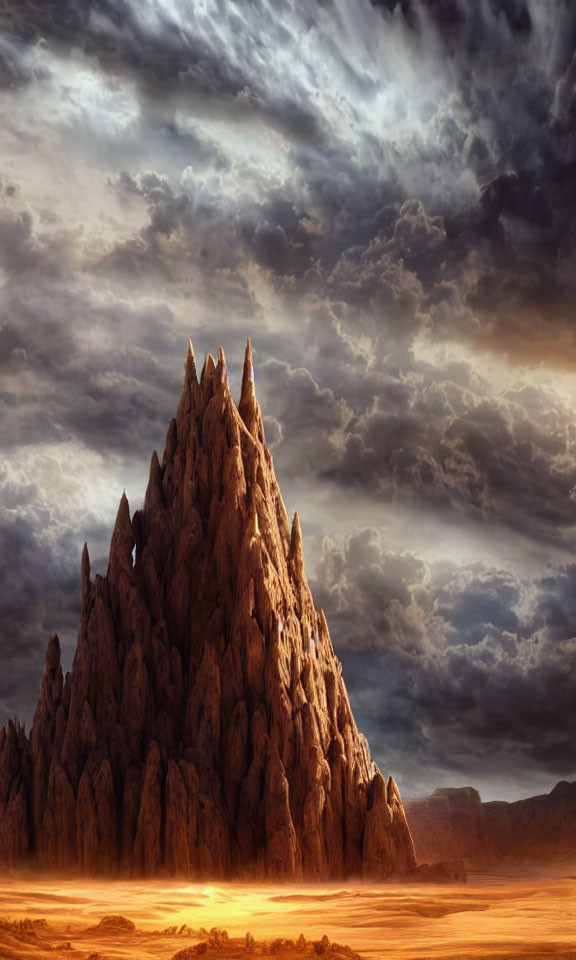 Dramatic desert landscape with towering rock formation under stormy sky