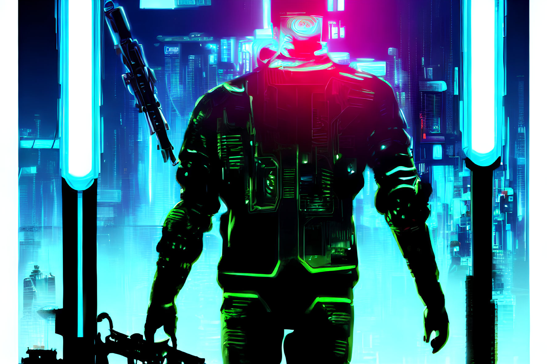 Neon-lit cybernetic figure in futuristic cityscape